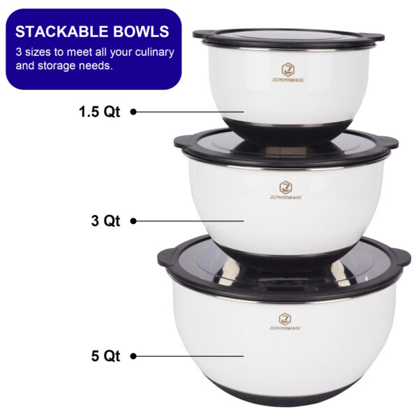 Stainless Steel Mixing Bowls Set with Airtight Lids, Salad Bowls for Kitchen Space Saving Storage, Great for Cooking, Baking, Prepping, Size 1.5, 3, 5 QT - Image 3