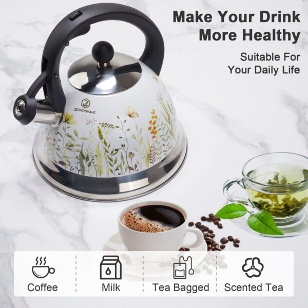 Tea Kettle, 3.0 Quart Whistling Tea Pot for Stove Top, Food Grade 304 Stainless Steel Teapot with for Coffee, Tea, Milk etc - Image 4