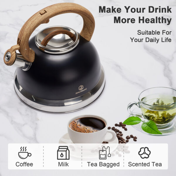 Tea Kettle, 3.0 Quart Whistling Tea Pot for Stove Top, Food Grade 304Stainless Steel Teapot with Wood Pattern Handle for Coffee, Tea, Milk etc - Image 6